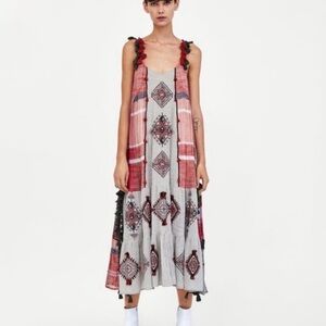 Zara Woman Embroidered Tassel Boho Maxi Dress – Size M